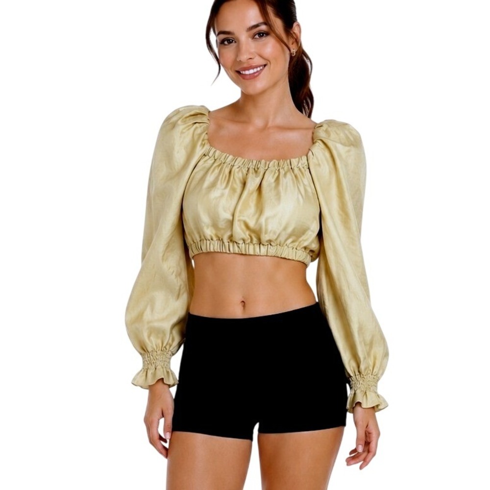 Zara Champagne Gold Fillsens Puff Sleeve Crop Top | Size XS